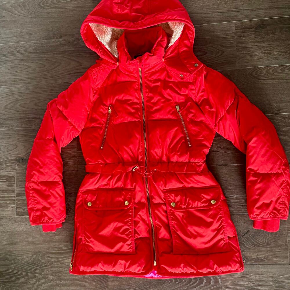 J. Crew Chateau Puffer Jacket Parka Coat PrimaLoft Red Orange Size XS
